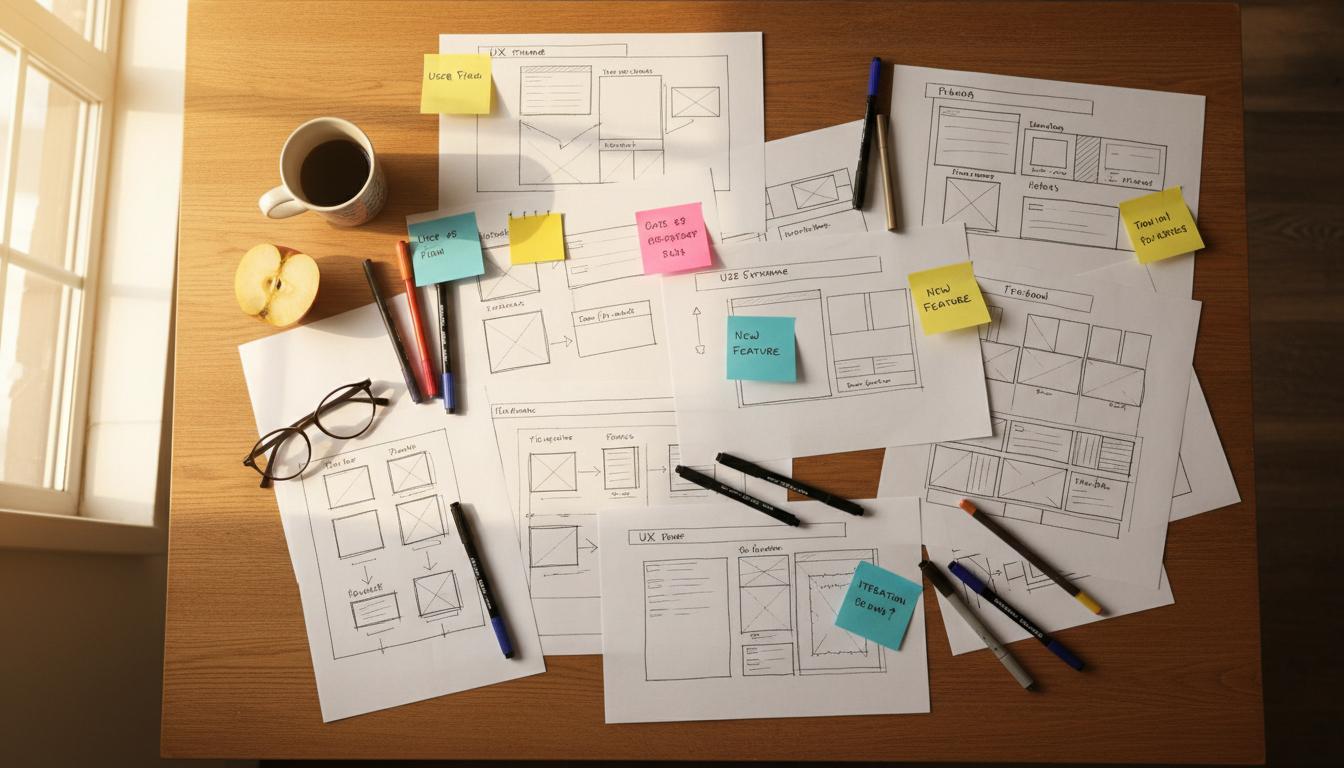 UX-skitser og interfaceplaner på et skrivebord